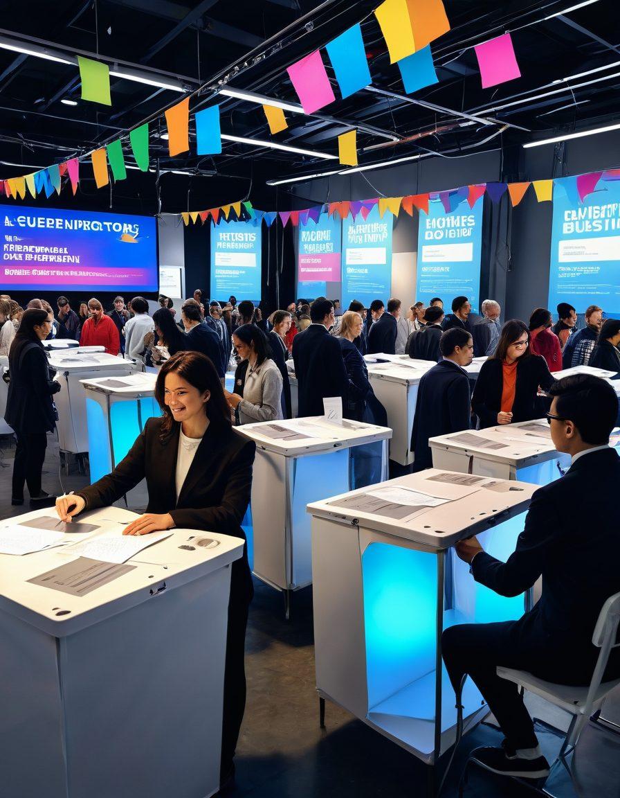 A captivating scene of diverse people casting their votes at a vibrant polling station, surrounded by colorful banners promoting attractive business solutions. Brightly lit, with the essence of democracy and engagement in the air, featuring smiling faces and a sense of community. Include digital screens showing innovative business ideas and election results in the background. super-realistic. vibrant colors. 3D.