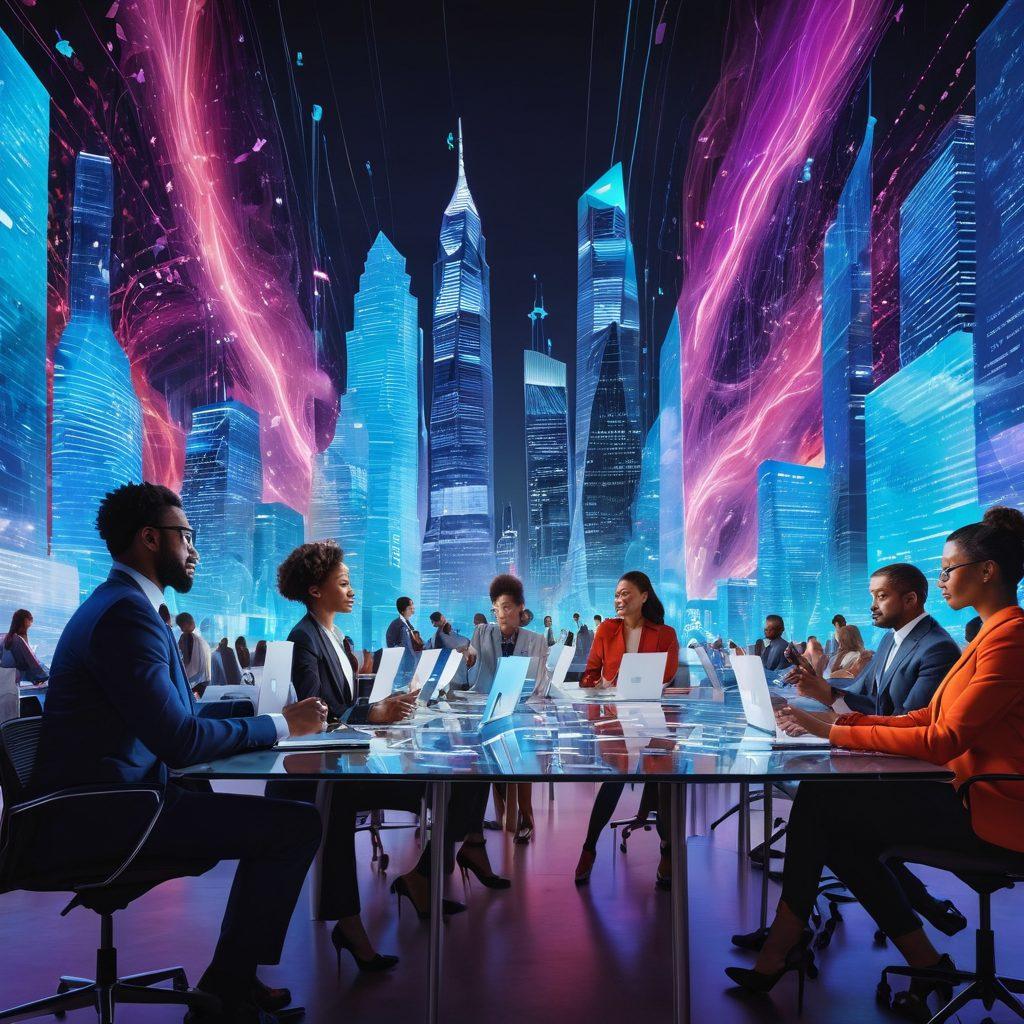 A vibrant collage featuring diverse business professionals engaging in a digital voting process, surrounded by floating digital ballots and data streams symbolizing transparency and innovation. The background showcases a futuristic cityscape representing modern democracy in business. Bright colors and interactive elements to evoke excitement and inclusivity. super-realistic. vibrant colors. dynamic composition.
