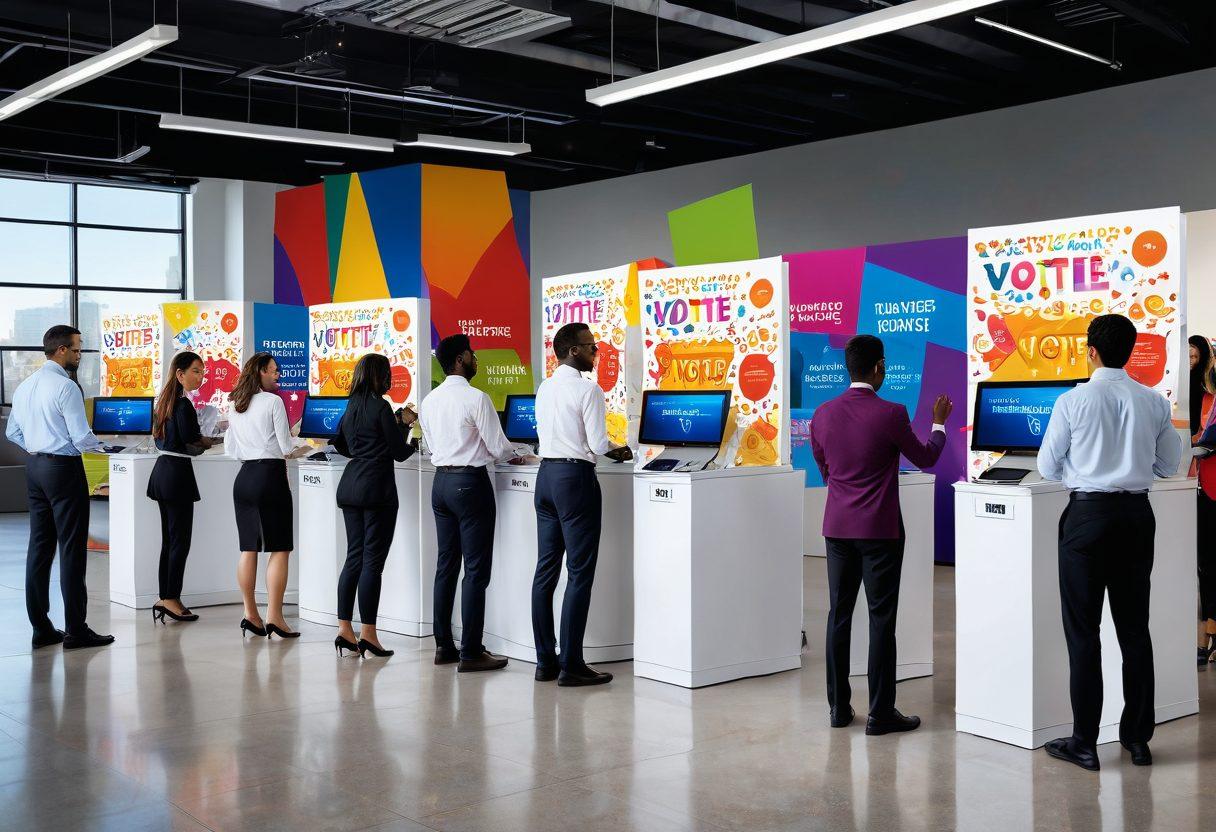 A vibrant and dynamic scene depicting a diverse group of corporate employees joyfully participating in a colorful voting event, surrounded by artistic decorations and engaging visual displays. Emphasize creativity and enthusiasm as they interact with beautiful voting stations featuring eye-catching graphics and innovative designs. The background should be a blend of modern corporate architecture and artistic elements, symbolizing the fusion of business and creativity. super-realistic. vibrant colors. digital art.